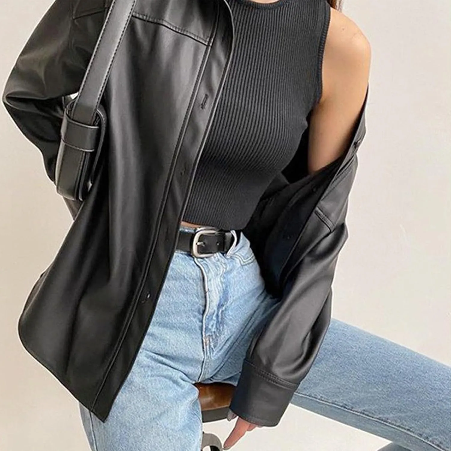 JEKE-DG Women's Button Down Loose Fit Outdoor Coat Classic Faux Leather Coat Jacket Lapel Lonf Sleeve Solid Outerwear