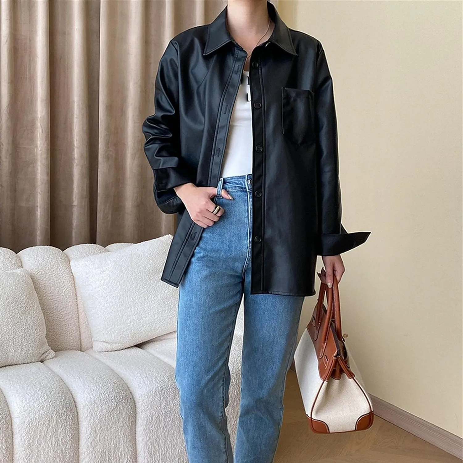 JEKE-DG Women's Button Down Loose Fit Outdoor Coat Classic Faux Leather Coat Jacket Lapel Lonf Sleeve Solid Outerwear