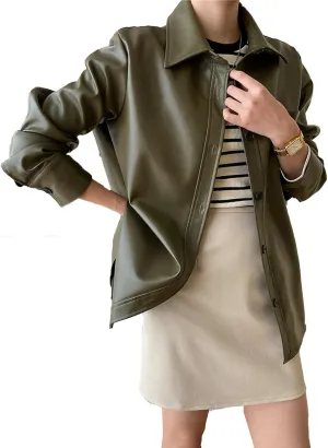JEKE-DG Women's Button Down Loose Fit Outdoor Coat Classic Faux Leather Coat Jacket Lapel Lonf Sleeve Solid Outerwear