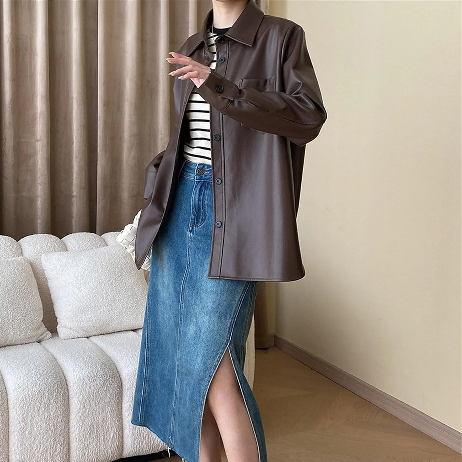 JEKE-DG Women's Button Down Loose Fit Outdoor Coat Classic Faux Leather Coat Jacket Lapel Lonf Sleeve Solid Outerwear