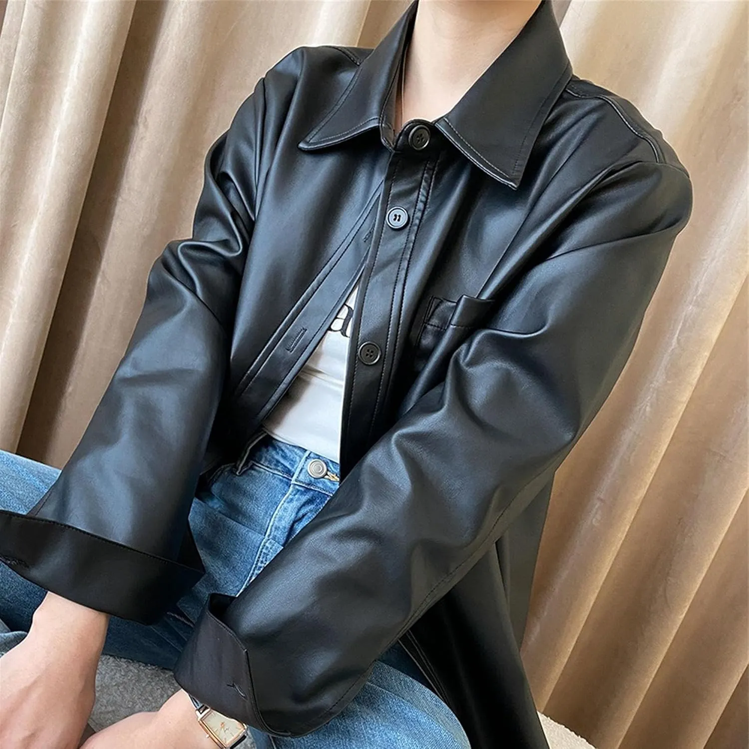 JEKE-DG Women's Button Down Loose Fit Outdoor Coat Classic Faux Leather Coat Jacket Lapel Lonf Sleeve Solid Outerwear