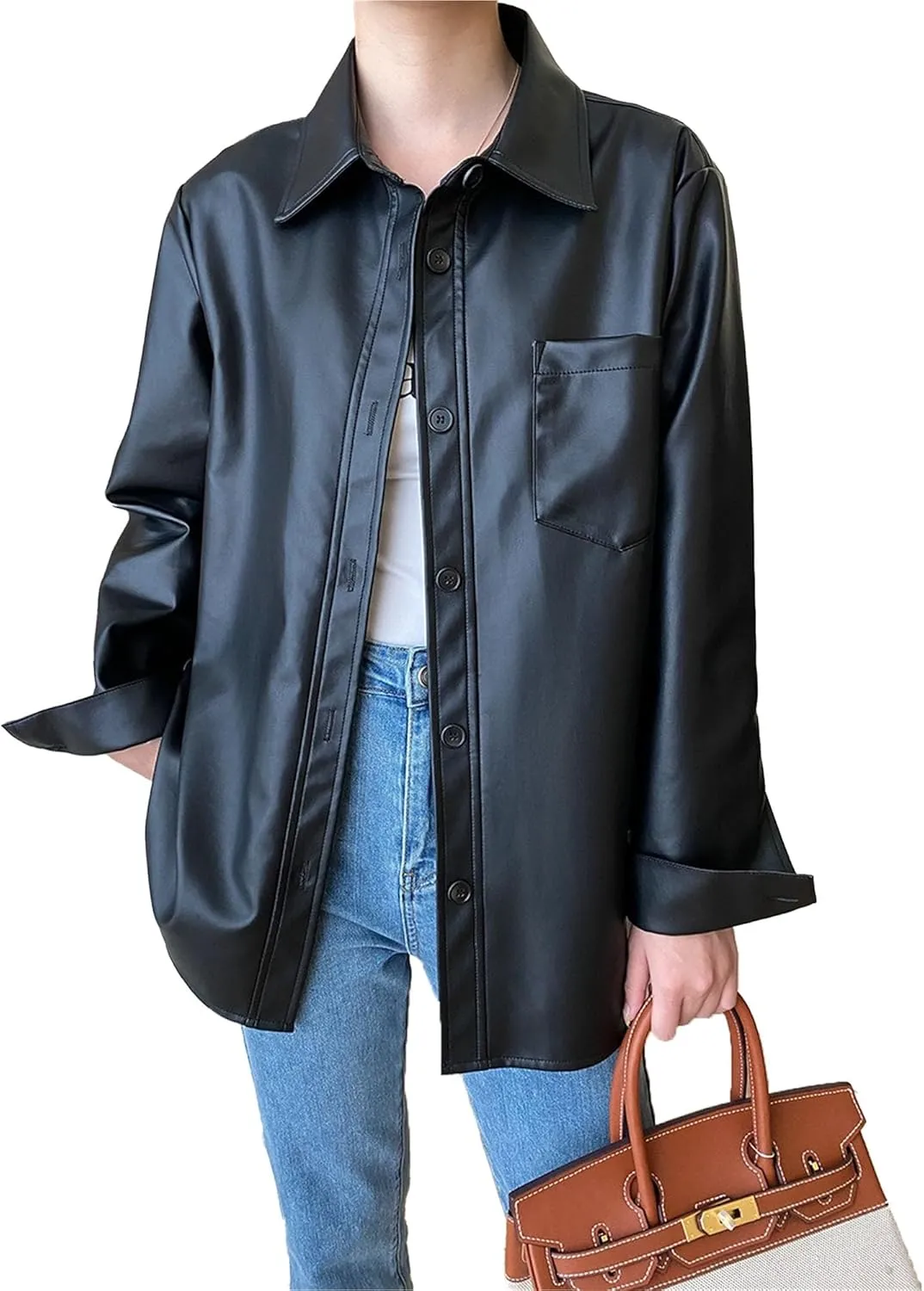 JEKE-DG Women's Button Down Loose Fit Outdoor Coat Classic Faux Leather Coat Jacket Lapel Lonf Sleeve Solid Outerwear