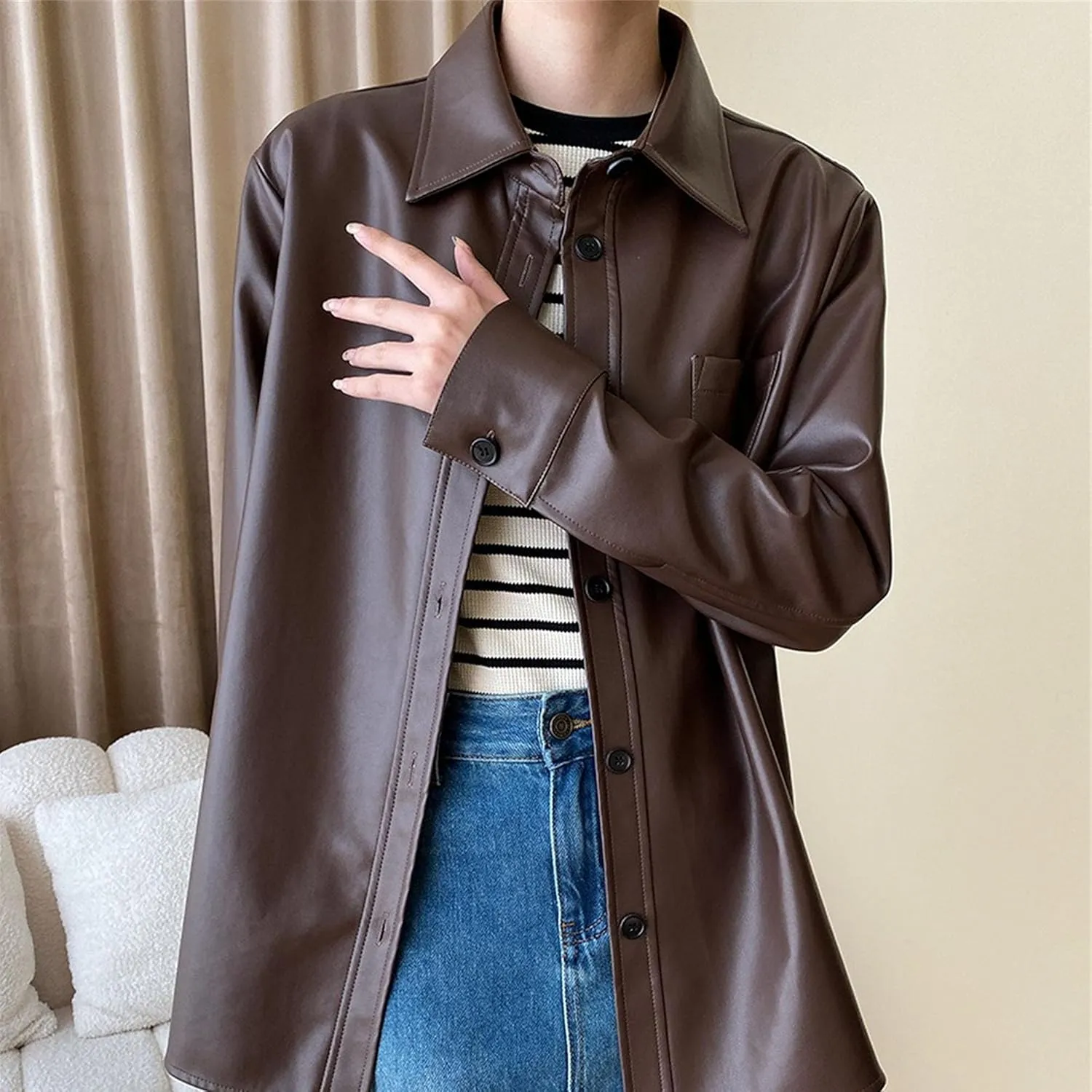 JEKE-DG Women's Button Down Loose Fit Outdoor Coat Classic Faux Leather Coat Jacket Lapel Lonf Sleeve Solid Outerwear