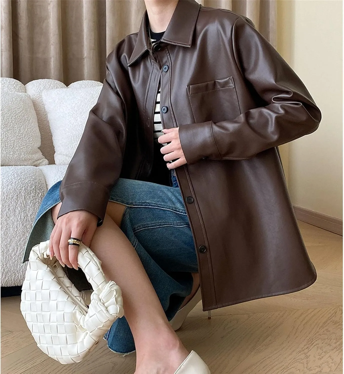 JEKE-DG Women's Button Down Loose Fit Outdoor Coat Classic Faux Leather Coat Jacket Lapel Lonf Sleeve Solid Outerwear