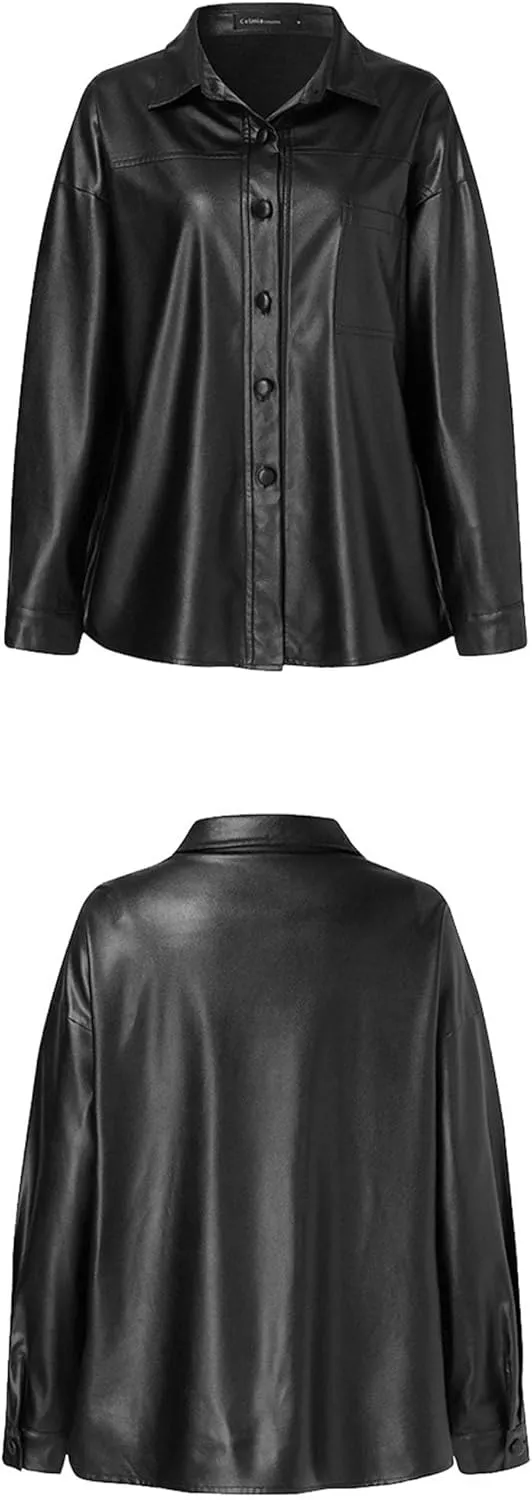 JEKE-DG Women's Button Down Loose Fit Outdoor Coat Classic Faux Leather Coat Jacket Lapel Lonf Sleeve Solid Outerwear