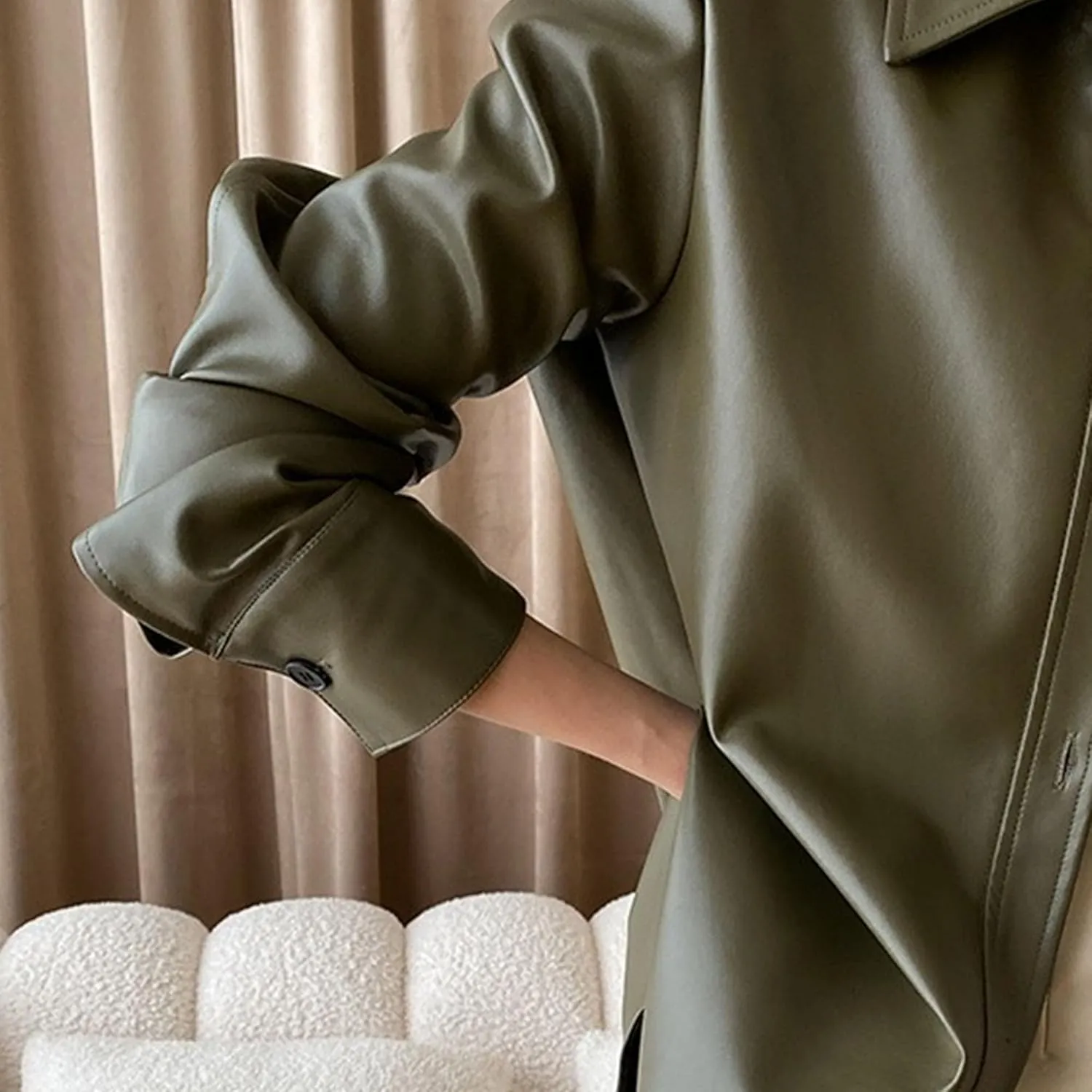 JEKE-DG Women's Button Down Loose Fit Outdoor Coat Classic Faux Leather Coat Jacket Lapel Lonf Sleeve Solid Outerwear