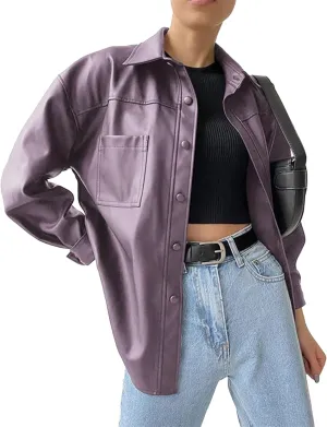 JEKE-DG Women's Button Down Loose Fit Outdoor Coat Classic Faux Leather Coat Jacket Lapel Lonf Sleeve Solid Outerwear