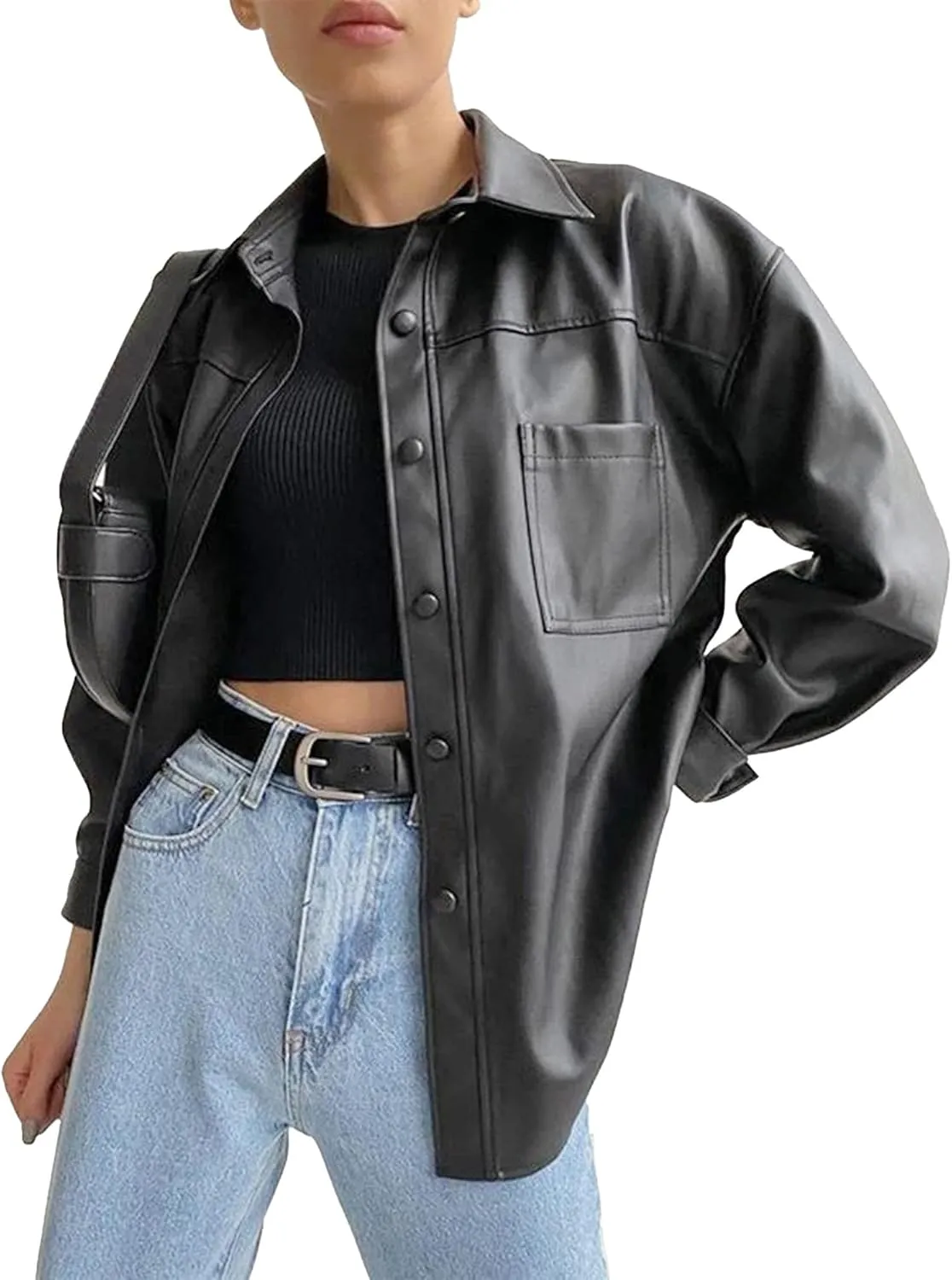 JEKE-DG Women's Button Down Loose Fit Outdoor Coat Classic Faux Leather Coat Jacket Lapel Lonf Sleeve Solid Outerwear