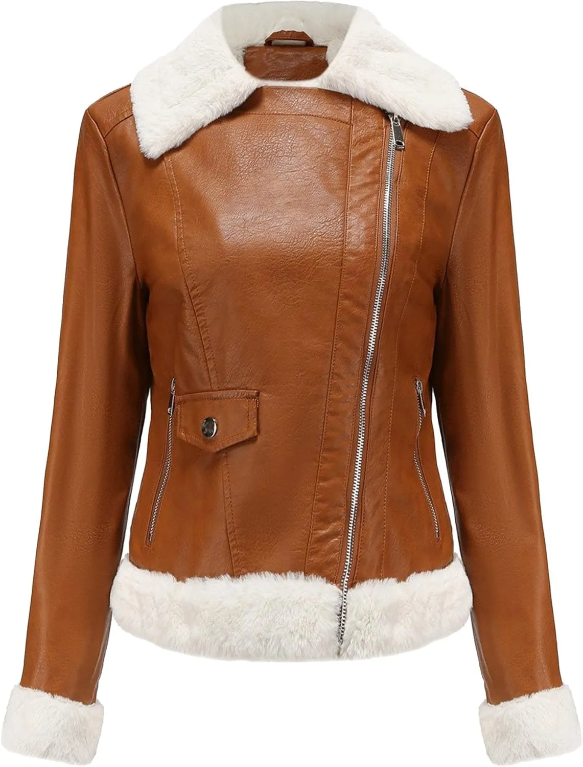 JEKE-DG Women's Lined Faux Leather Warm Coat Long Sleeve Slim Fit Casual Coat Jacket Asymmetrical Zip Comfort Winter Coats