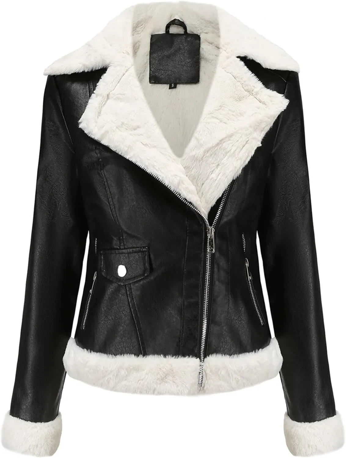 JEKE-DG Women's Lined Faux Leather Warm Coat Long Sleeve Slim Fit Casual Coat Jacket Asymmetrical Zip Comfort Winter Coats