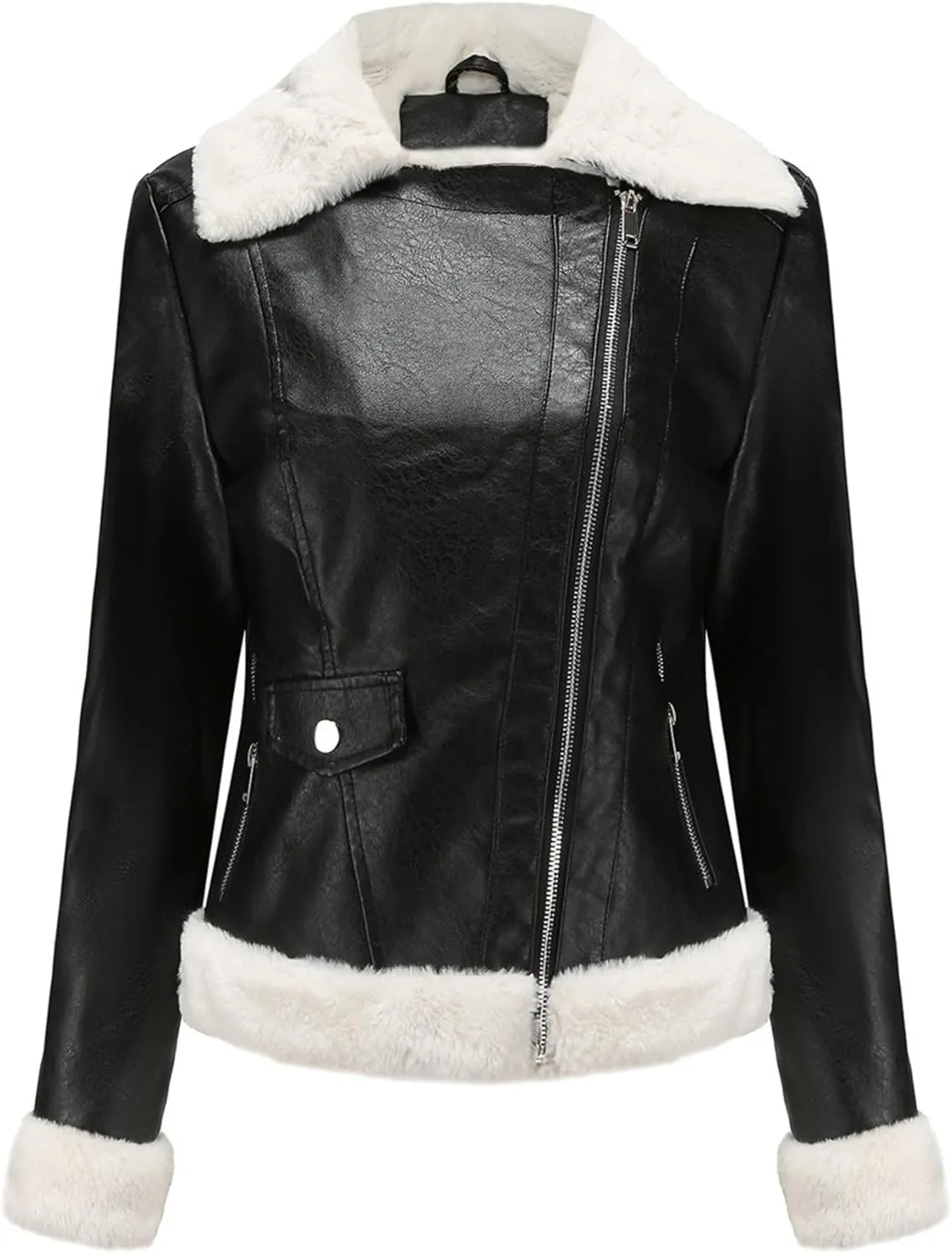 JEKE-DG Women's Lined Faux Leather Warm Coat Long Sleeve Slim Fit Casual Coat Jacket Asymmetrical Zip Comfort Winter Coats