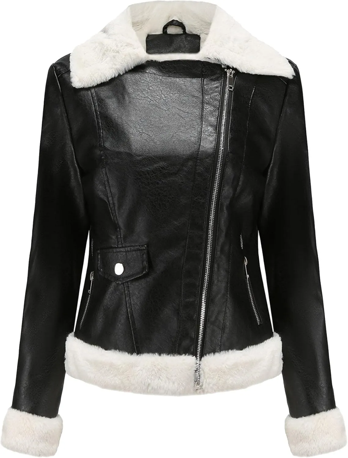 JEKE-DG Women's Lined Faux Leather Warm Coat Long Sleeve Slim Fit Casual Coat Jacket Asymmetrical Zip Comfort Winter Coats
