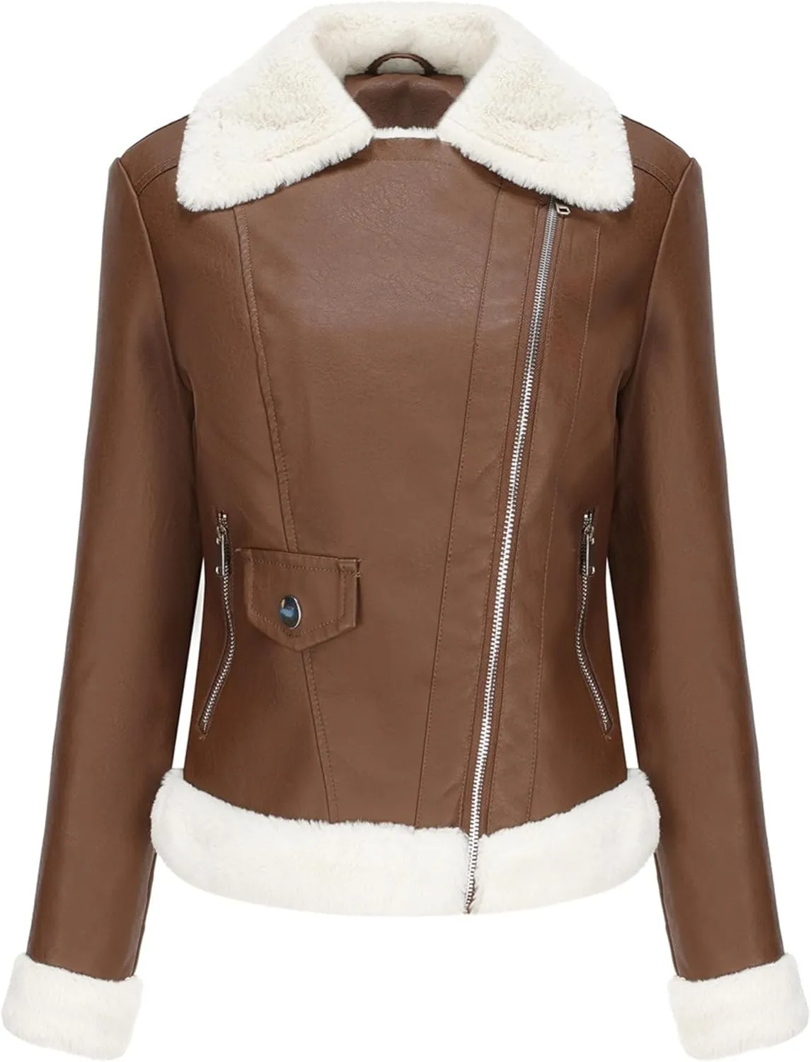 JEKE-DG Women's Lined Faux Leather Warm Coat Long Sleeve Slim Fit Casual Coat Jacket Asymmetrical Zip Comfort Winter Coats