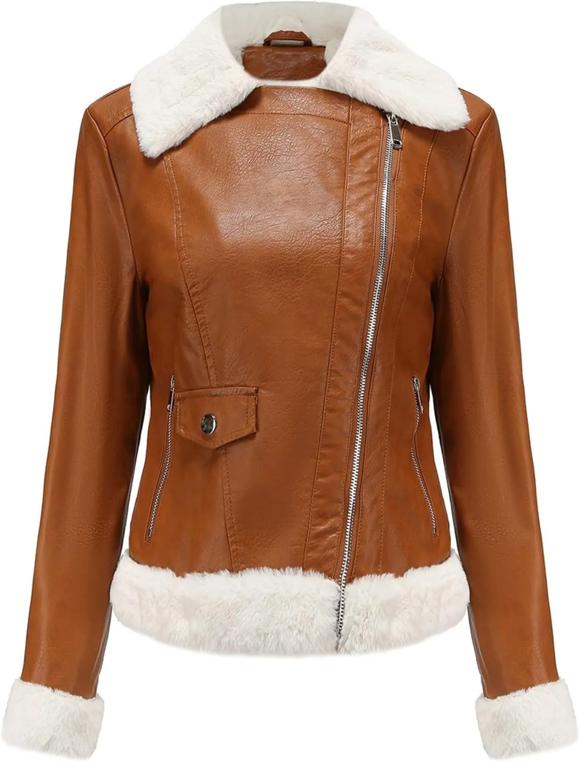 JEKE-DG Women's Lined Faux Leather Warm Coat Long Sleeve Slim Fit Casual Coat Jacket Asymmetrical Zip Comfort Winter Coats