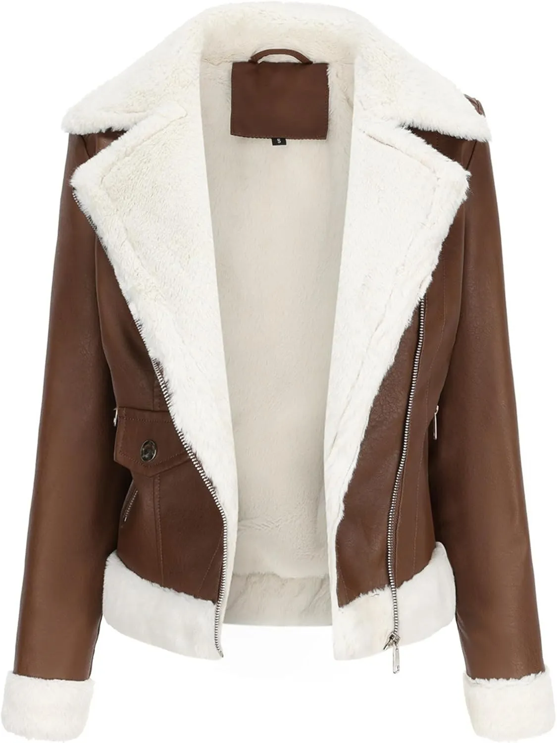 JEKE-DG Women's Lined Faux Leather Warm Coat Long Sleeve Slim Fit Casual Coat Jacket Asymmetrical Zip Comfort Winter Coats