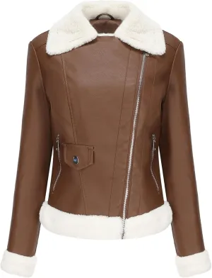 JEKE-DG Women's Lined Faux Leather Warm Coat Long Sleeve Slim Fit Casual Coat Jacket Asymmetrical Zip Comfort Winter Coats