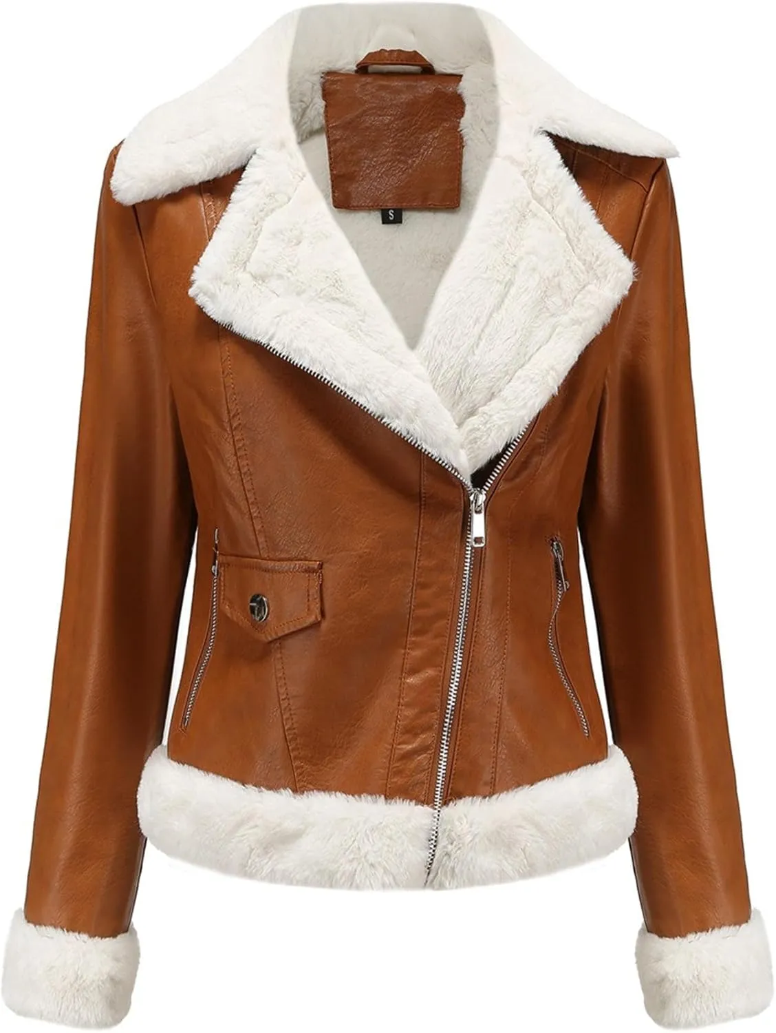 JEKE-DG Women's Lined Faux Leather Warm Coat Long Sleeve Slim Fit Casual Coat Jacket Asymmetrical Zip Comfort Winter Coats