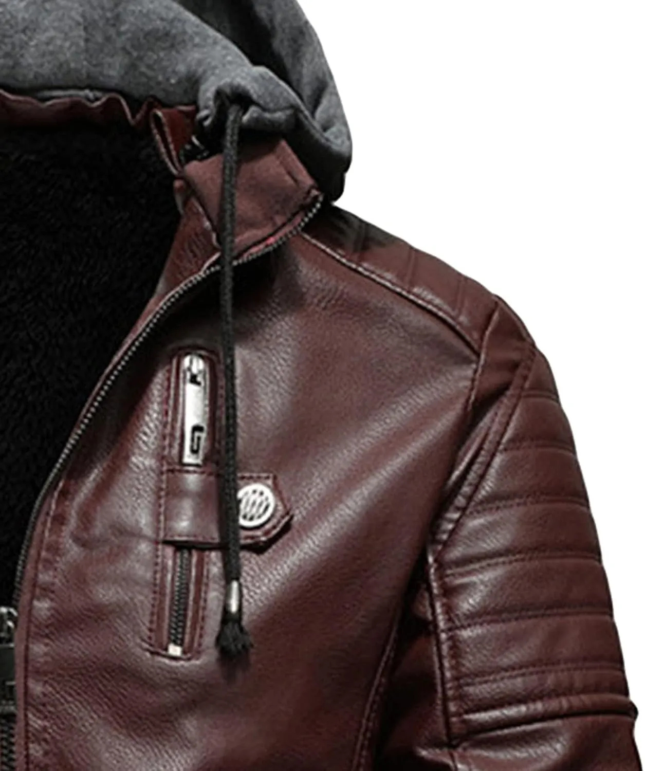 JEShifangjiusu Men'S Sheepskin Shearling Hooded PU Leather Padded Jacket Aviator Coat Winter Motorcycle Biker Bomber Jacket