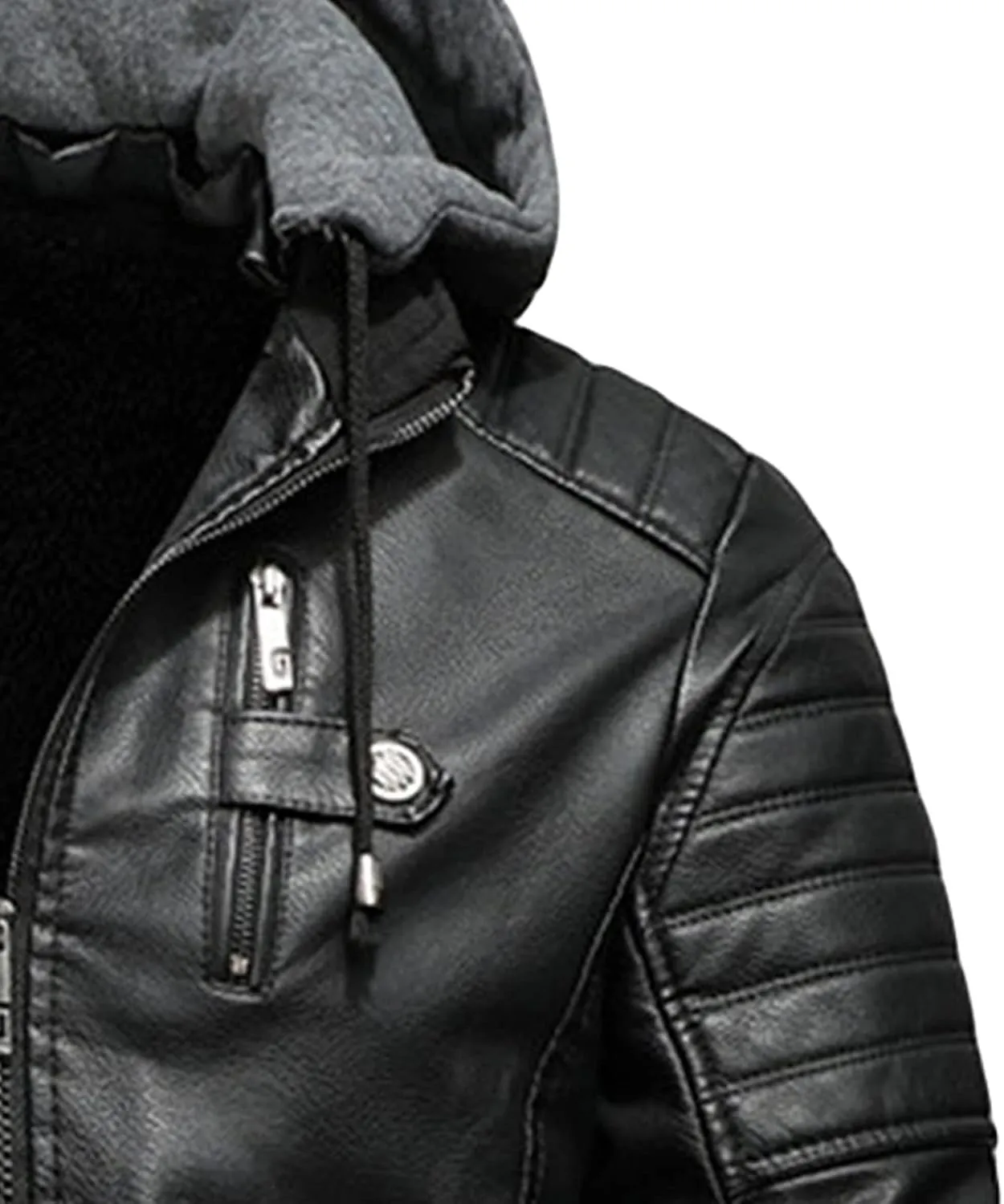 JEShifangjiusu Men'S Sheepskin Shearling Hooded PU Leather Padded Jacket Aviator Coat Winter Motorcycle Biker Bomber Jacket