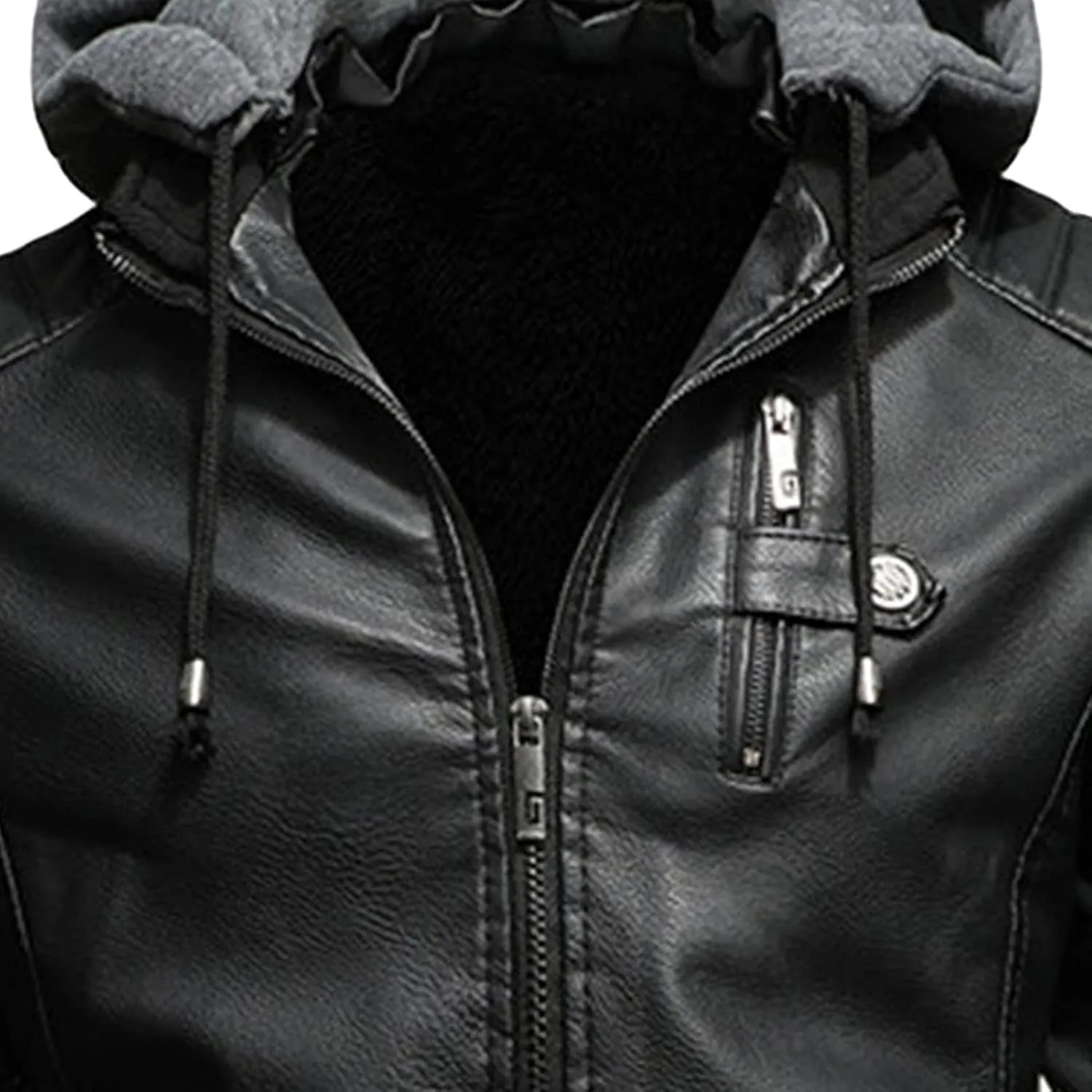 JEShifangjiusu Men'S Sheepskin Shearling Hooded PU Leather Padded Jacket Aviator Coat Winter Motorcycle Biker Bomber Jacket