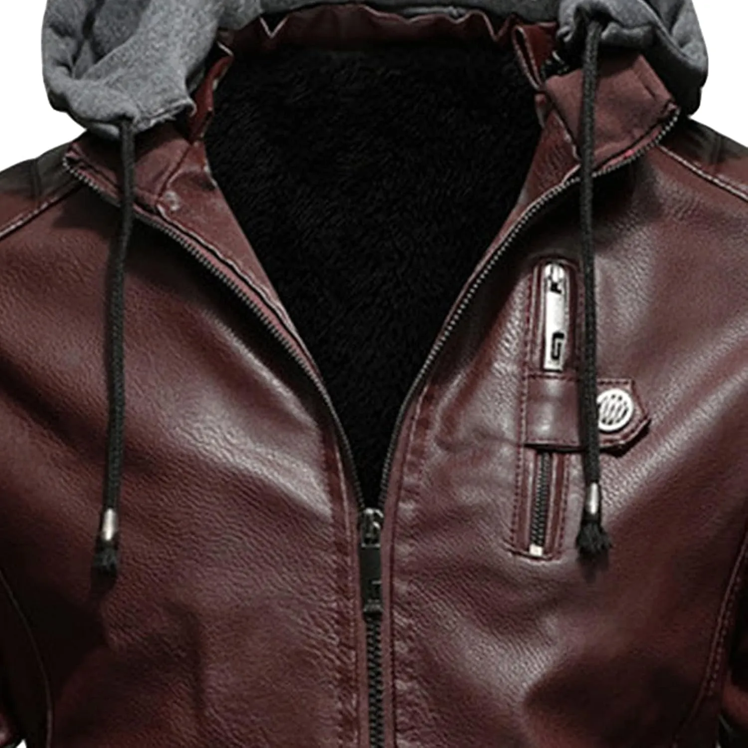 JEShifangjiusu Men'S Sheepskin Shearling Hooded PU Leather Padded Jacket Aviator Coat Winter Motorcycle Biker Bomber Jacket