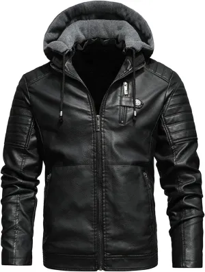 JEShifangjiusu Men'S Sheepskin Shearling Hooded PU Leather Padded Jacket Aviator Coat Winter Motorcycle Biker Bomber Jacket