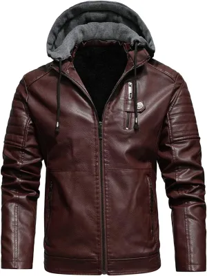 JEShifangjiusu Men'S Sheepskin Shearling Hooded PU Leather Padded Jacket Aviator Coat Winter Motorcycle Biker Bomber Jacket