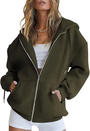 JEsilunmaMY Women's Cute Oversized Hoodies Zip Long Sleeve Drawstring Sweatshirts with Pocket Casual Loose Fall Sportwear