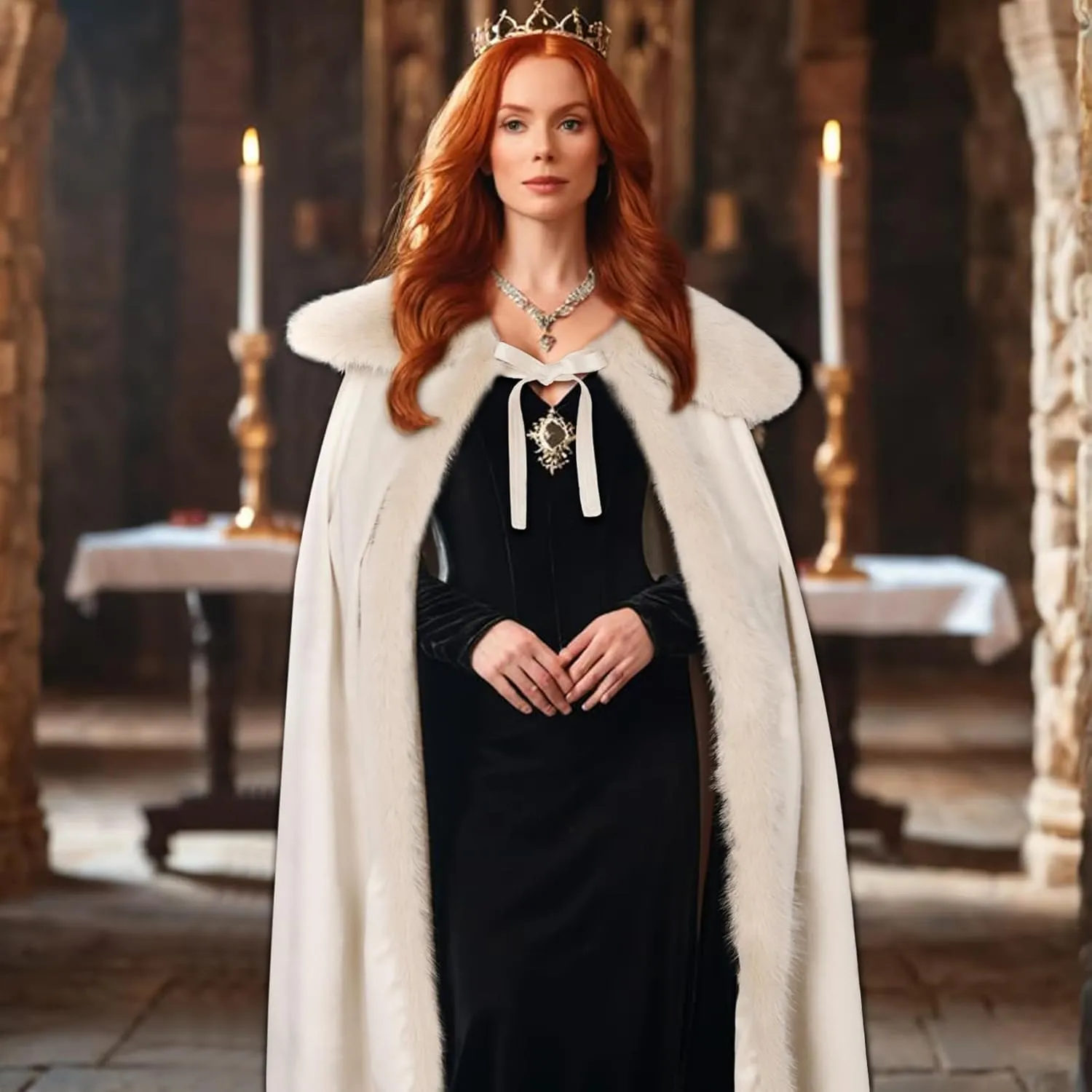 Joukavor Renaissance Velvet Cape with Viking Fur Collar for Women Halloween Costume