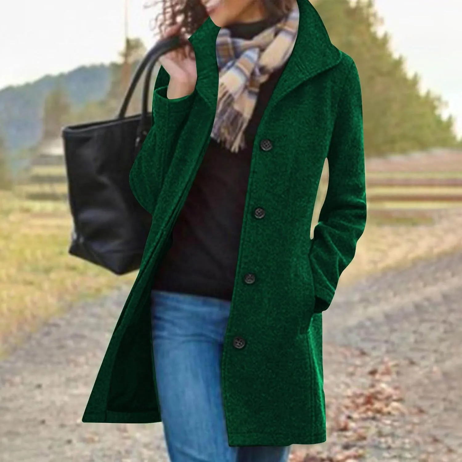 jsaierl Women's Warm Single Breasted Peacoat Mid Long Trench Coat Fall Winter Fashion Elegant Jackets Overcoat Windbreaker