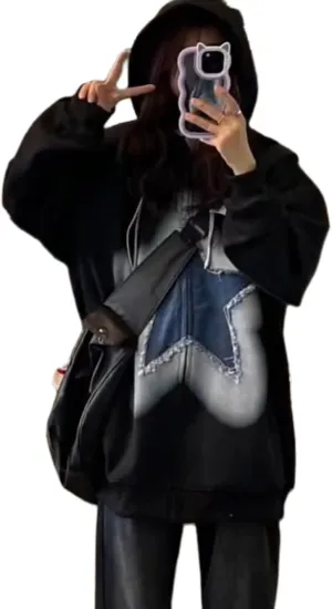 KOSUSANILL Women Y2k Star Graphic Zip Up Hoodie Long Sleeve Oversized Sweatshirt Jacket Vintage Aesthetic Streetwear