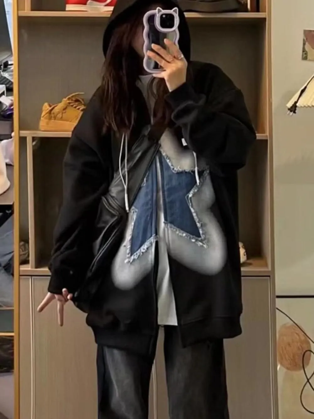 KOSUSANILL Women Y2k Star Graphic Zip Up Hoodie Long Sleeve Oversized Sweatshirt Jacket Vintage Aesthetic Streetwear