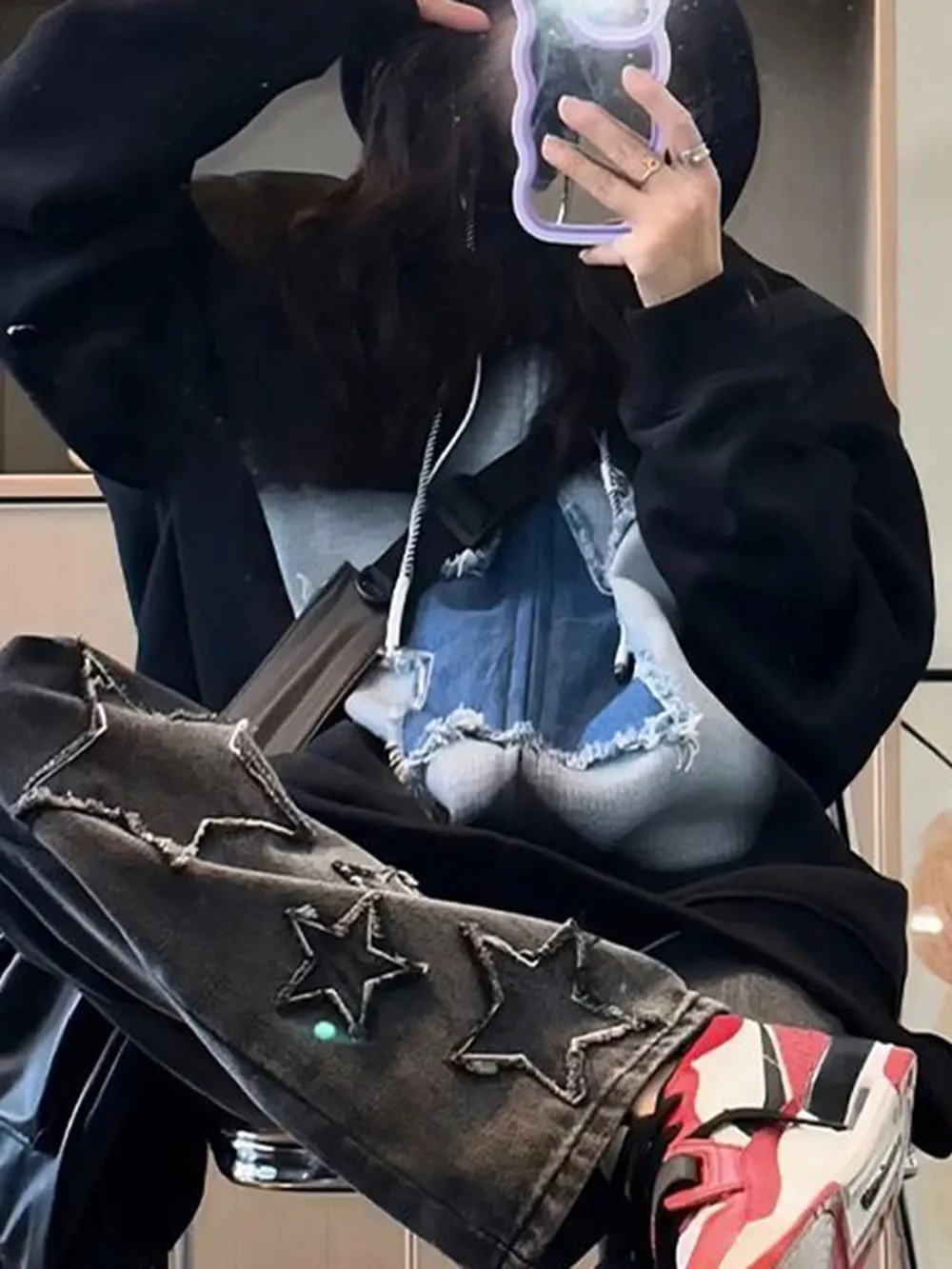 KOSUSANILL Women Y2k Star Graphic Zip Up Hoodie Long Sleeve Oversized Sweatshirt Jacket Vintage Aesthetic Streetwear