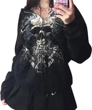 KOSUSANILL Women Y2K Zip Up Hoodie Long Sleeve Fairy Grunge Graphic Sweatshirt Vintage Aesthetic Jacket Oversized Streetwear
