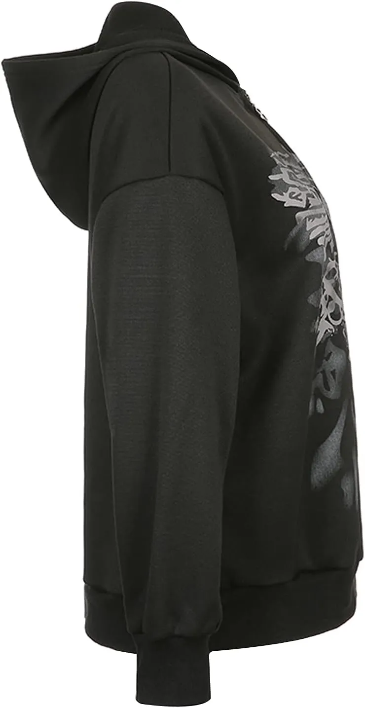 KOSUSANILL Women Y2K Zip Up Hoodies Grunge Graphic Oversized Jacket Goth Aesthetic Vintage Hooded Sweatshirt Streetwear