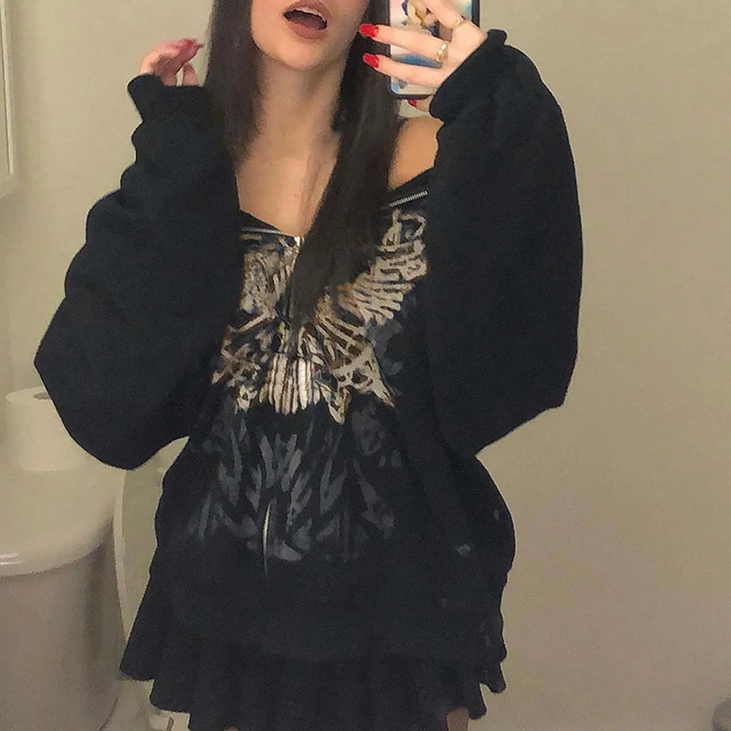 KOSUSANILL Women Y2K Zip Up Hoodies Grunge Graphic Oversized Jacket Goth Aesthetic Vintage Hooded Sweatshirt Streetwear