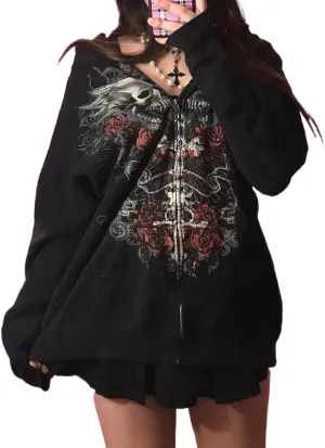 KOSUSANILL Women Y2K Zip Up Hoodies Grunge Graphic Oversized Jacket Goth Aesthetic Vintage Hooded Sweatshirt Streetwear