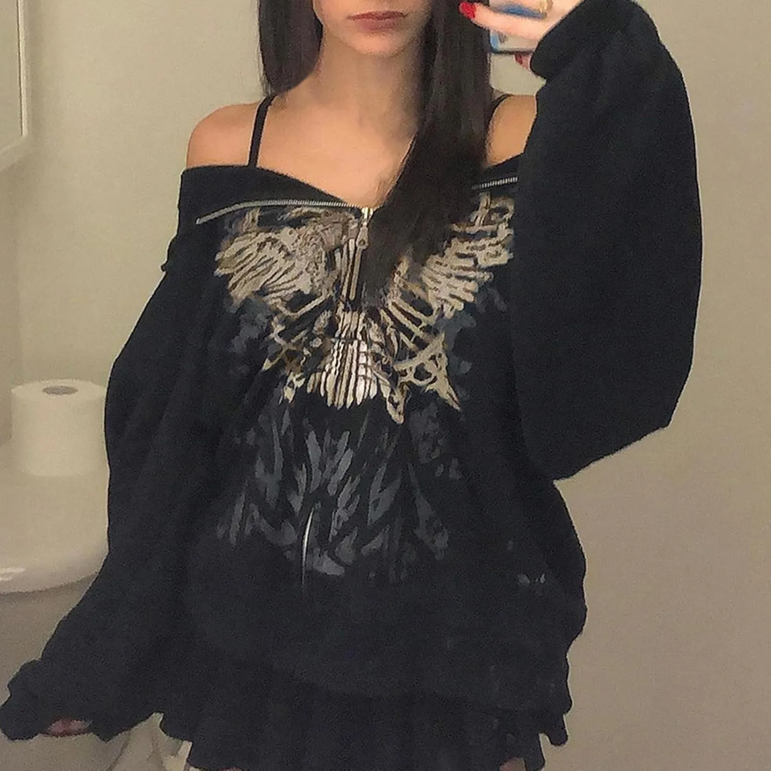 KOSUSANILL Women Y2K Zip Up Hoodies Grunge Graphic Oversized Jacket Goth Aesthetic Vintage Hooded Sweatshirt Streetwear