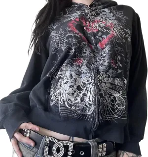 KOSUSANILL Women Y2K Zip Up Hoodies Grunge Graphic Oversized Jacket Goth Aesthetic Vintage Hooded Sweatshirt Streetwear