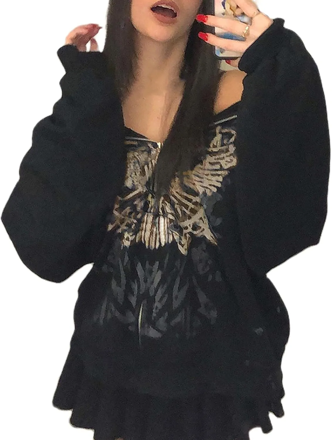 KOSUSANILL Women Y2K Zip Up Hoodies Grunge Graphic Oversized Jacket Goth Aesthetic Vintage Hooded Sweatshirt Streetwear