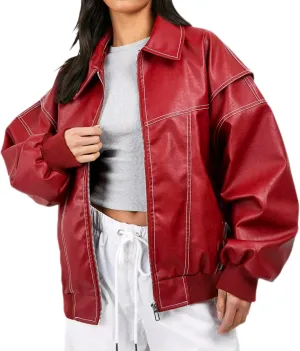 ksotutm Oversized Leather Jacket Women Vintage Zip Up Bomber Motorcycle Faux Leather Jacket Coat Outerwear