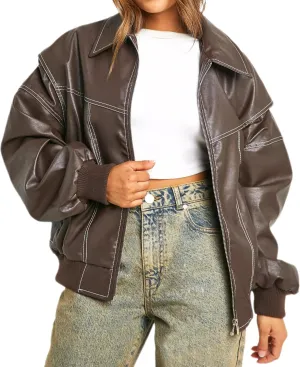 ksotutm Oversized Leather Jacket Women Vintage Zip Up Bomber Motorcycle Faux Leather Jacket Coat Outerwear