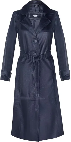 Ladies Black Leather Full-Length Trench Classic Coat Black