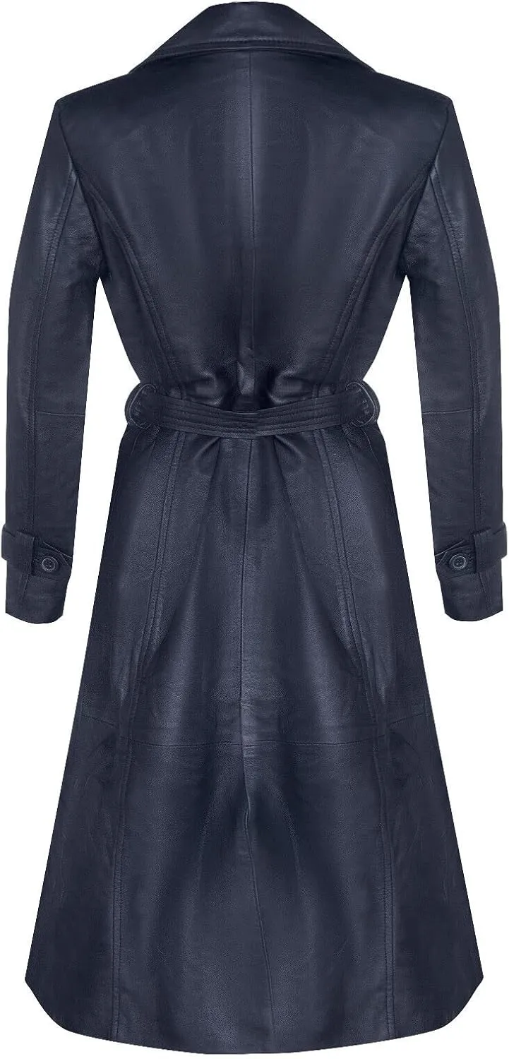 Ladies Black Leather Full-Length Trench Classic Coat Black
