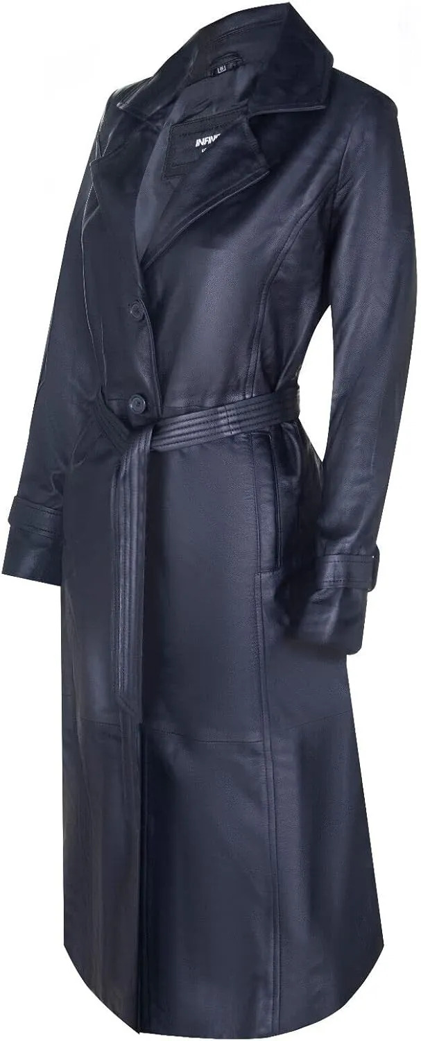 Ladies Black Leather Full-Length Trench Classic Coat Black