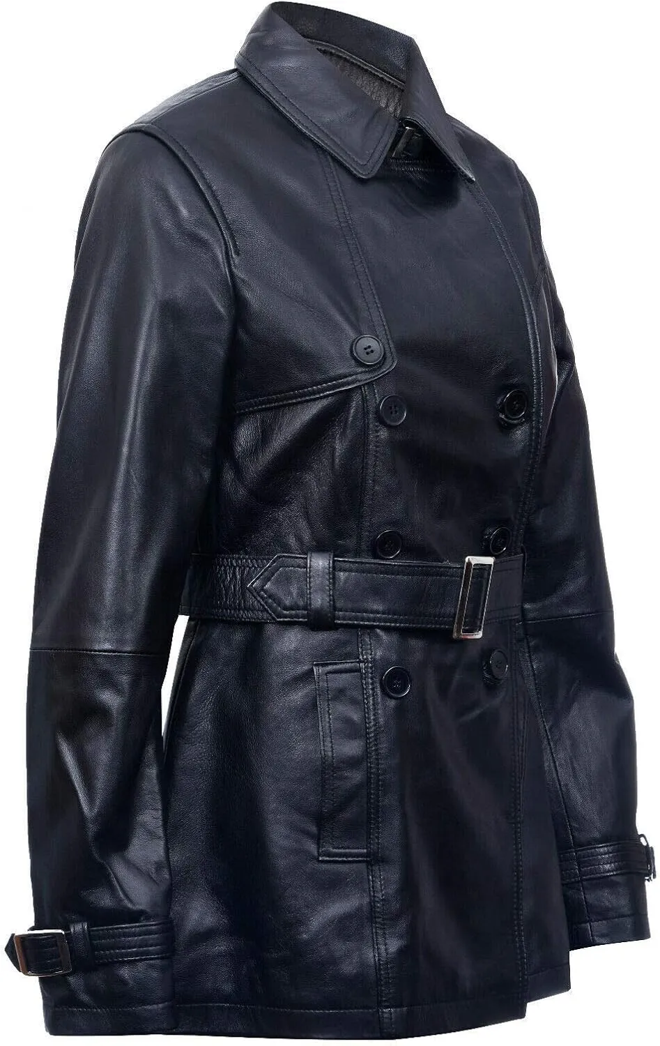 Ladies Leather Trench Coat Black Mid Length Coat Classic Jacket