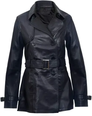 Ladies Leather Trench Coat Black Mid Length Coat Classic Jacket