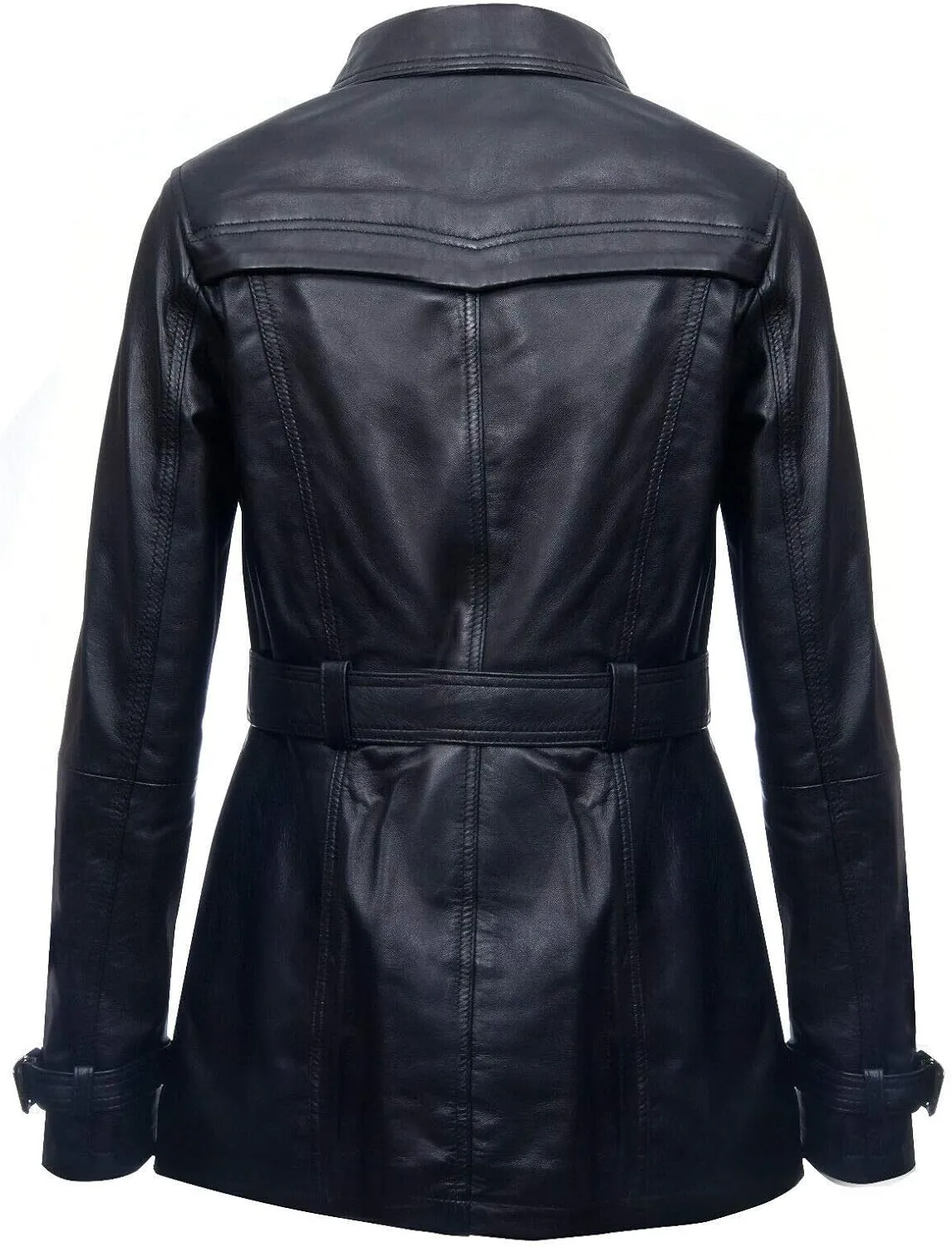 Ladies Leather Trench Coat Black Mid Length Coat Classic Jacket