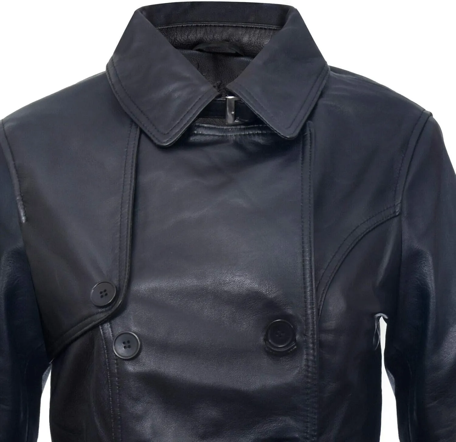 Ladies Leather Trench Coat Black Mid Length Coat Classic Jacket