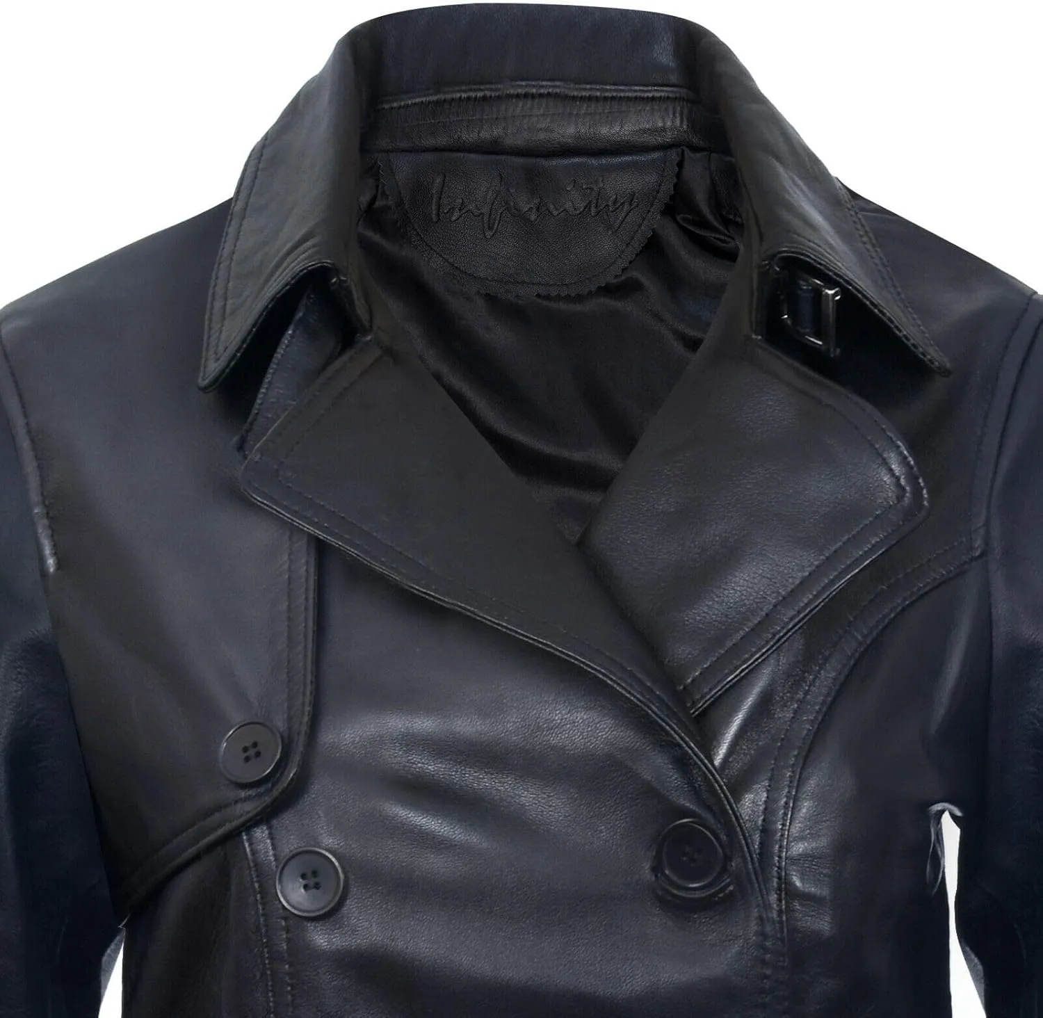 Ladies Leather Trench Coat Black Mid Length Coat Classic Jacket